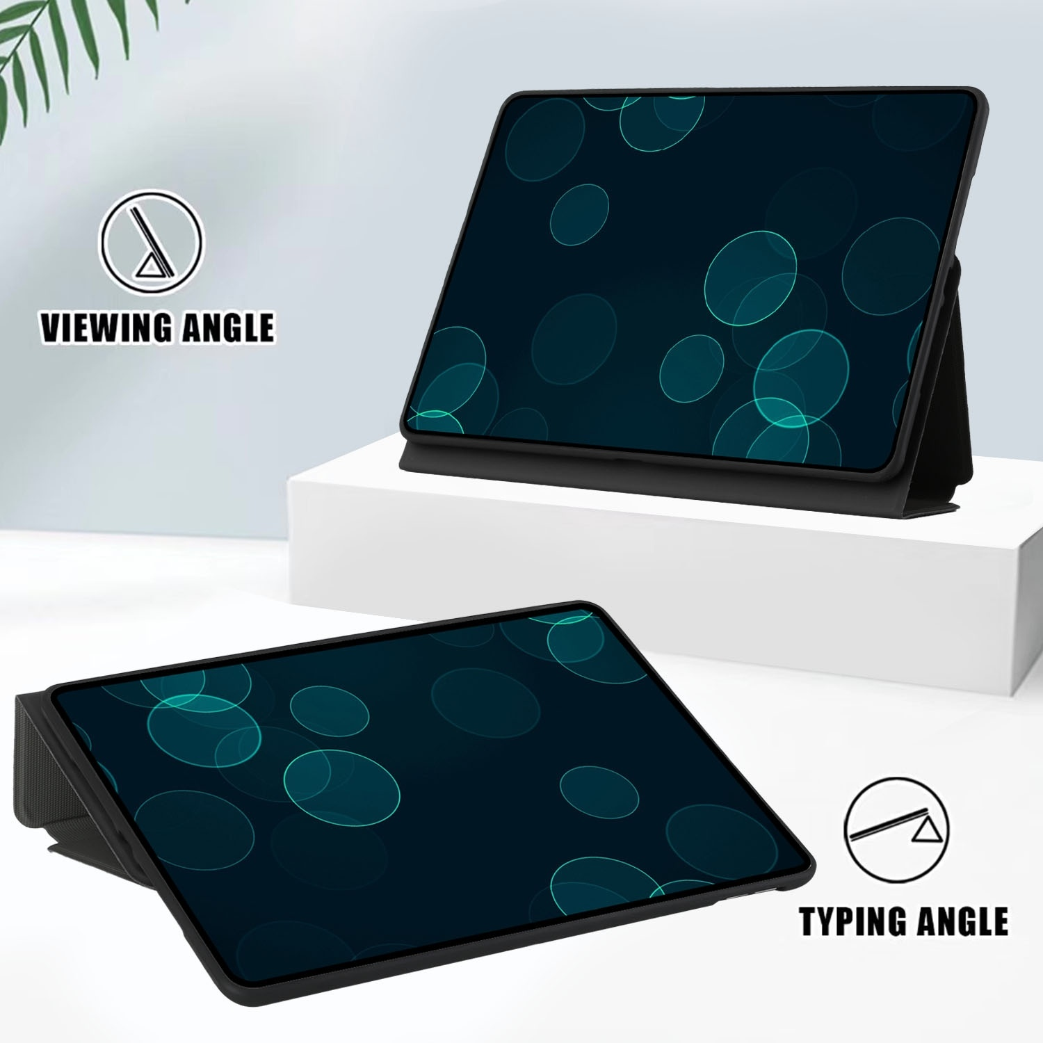 Schwarze Tablethülle mit Tablet in zwei Positionen. Eine zum Anzeigen, eine zum Tippen.