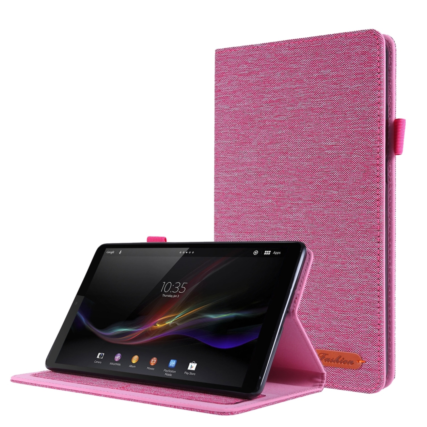 Rosa Tablet-Hülle mit Tablet. Die Hülle ist offen. Das Tablet zeigt farbenfrohen Bildschirm.