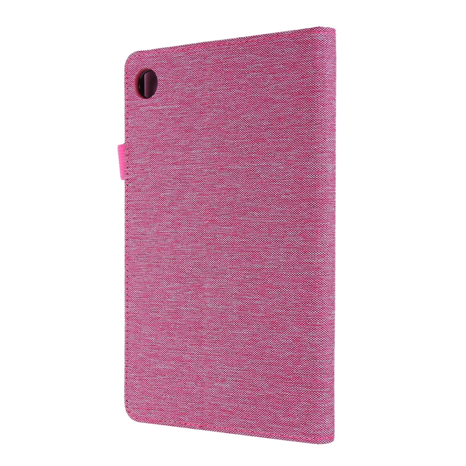 Ein pinkfarbenes Tabletetui mit pinkfarbenem Verschluss auf weißem Hintergrund.