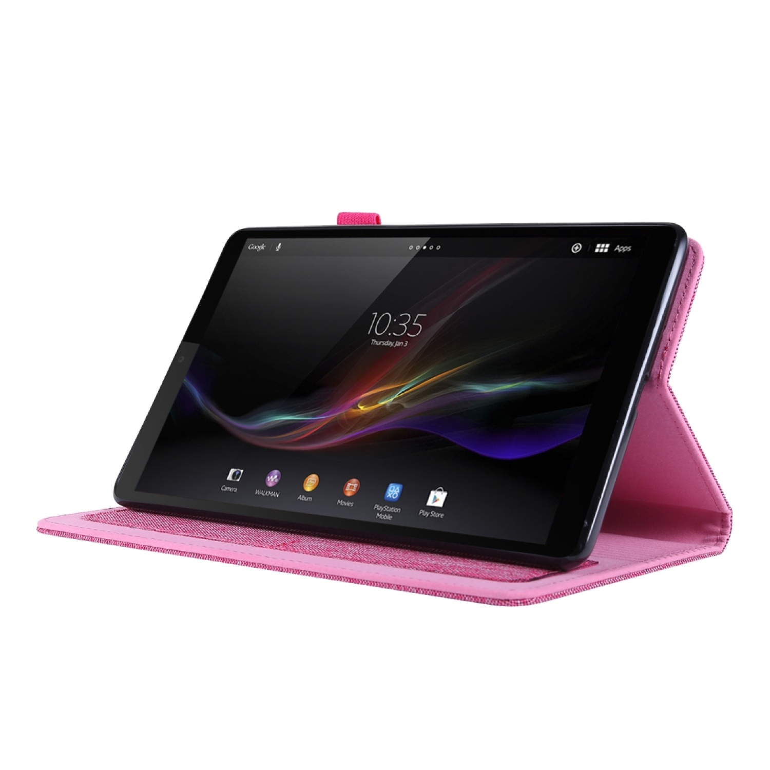 Rosa Tablet in einer rosa Hülle. Das Tablet ist geöffnet und zeigt einen Bildschirm. Weißer Hintergrund.