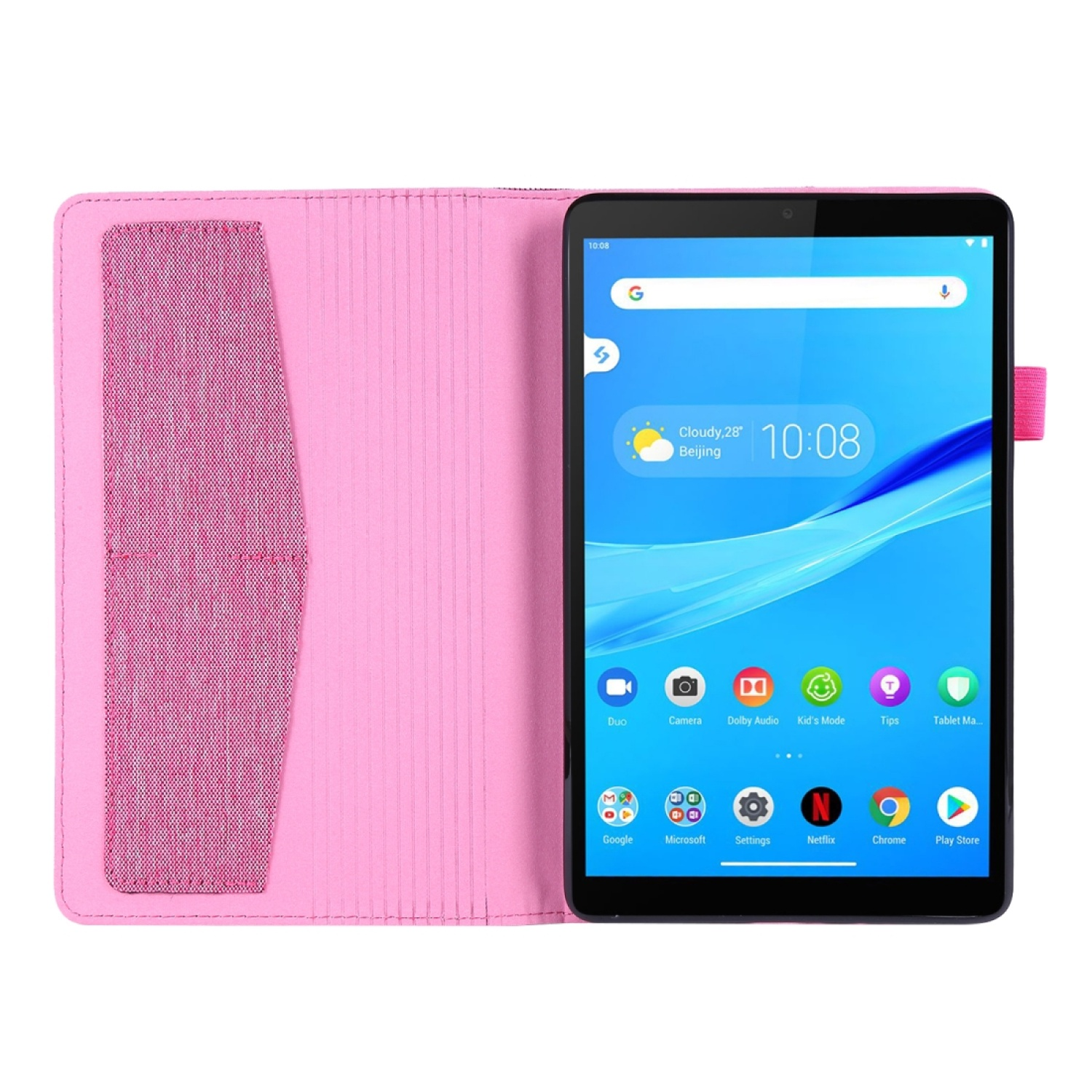 Ein rosa Tablet in einem rosa Case. Der Bildschirm zeigt Apps und die Uhrzeit 10:08.
