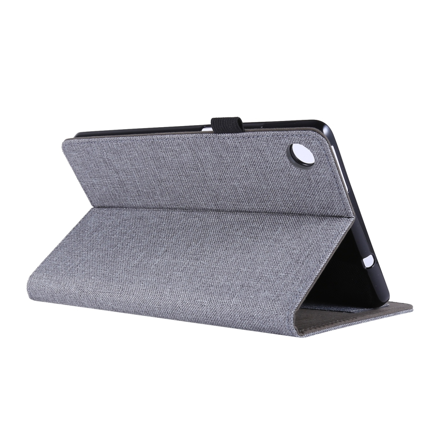 Eine graue Tablet-Hülle, offen. Das Tablet ist darin. Der Hintergrund ist weiß.