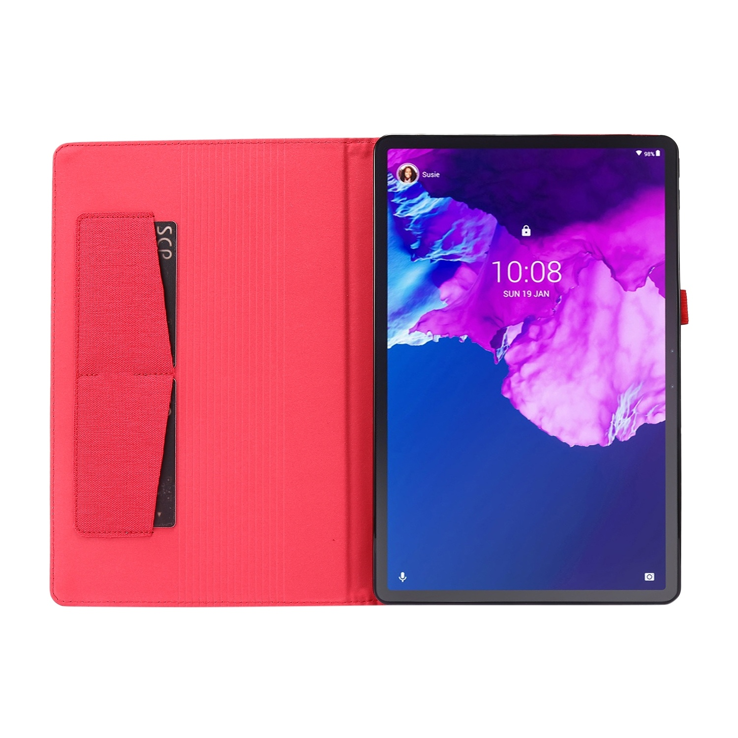 Eine rote Tablet-Hülle mit einem Tablet, das Zeit und Datum anzeigt, nach rechts geöffnet.