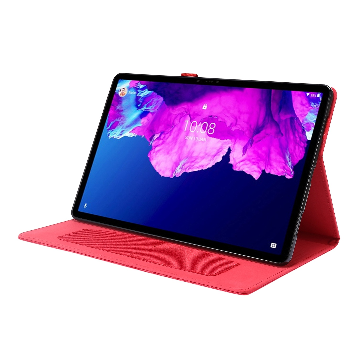 Schwarzes Tablet in einem Gehäuse, das einen farbenfrohen, lebendigen Bildschirm zeigt.