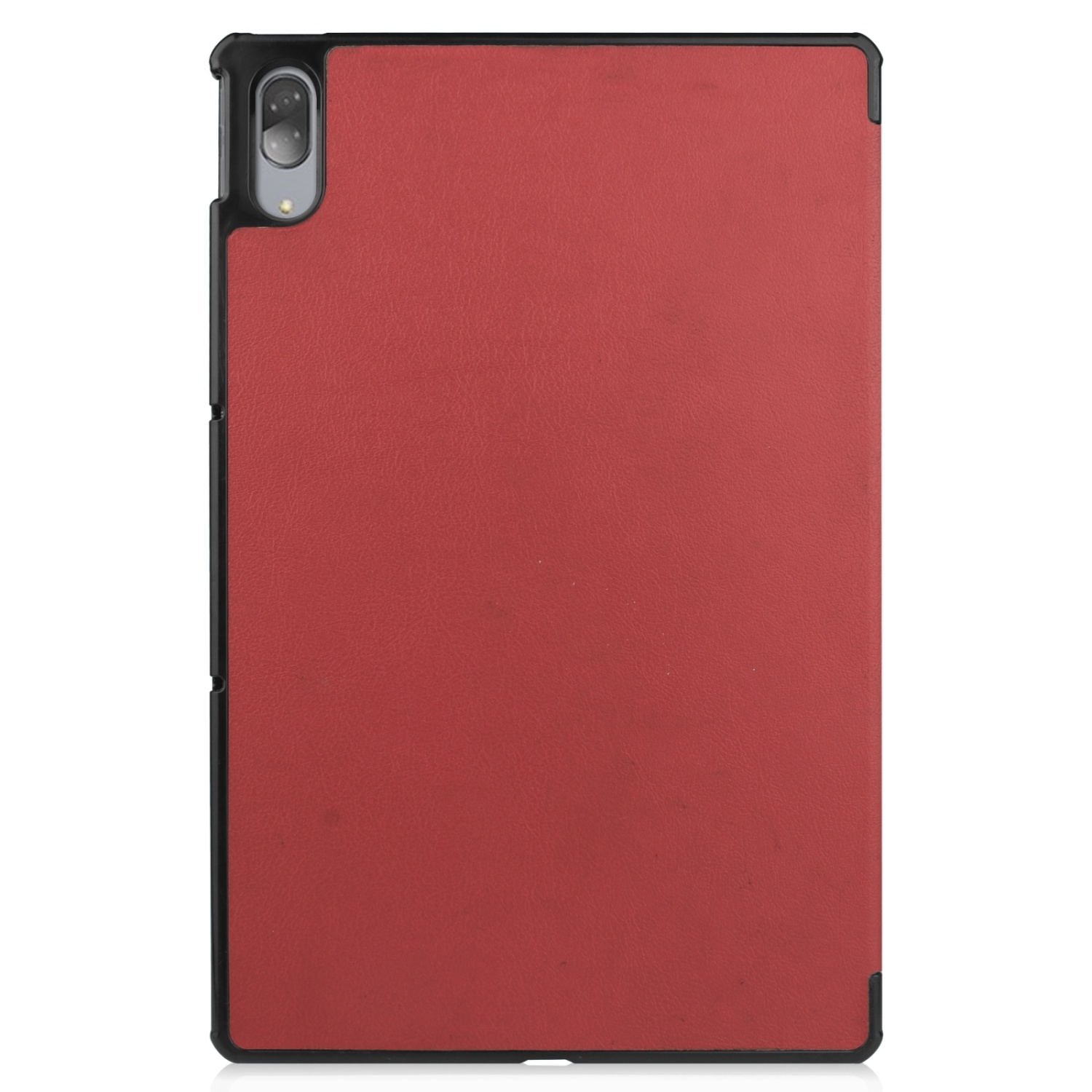 Rote Tablet-Hülle. Schwarzer Rahmen. Kameraobjektiv oben. Der Hintergrund ist weiß.