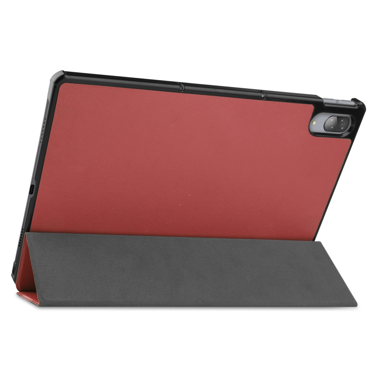 Rote Tablethülle mit schwarzem Rahmen und grauem Ständer. Die Hülle ist geöffnet, die Rückseite des Tablets ist zu sehen.