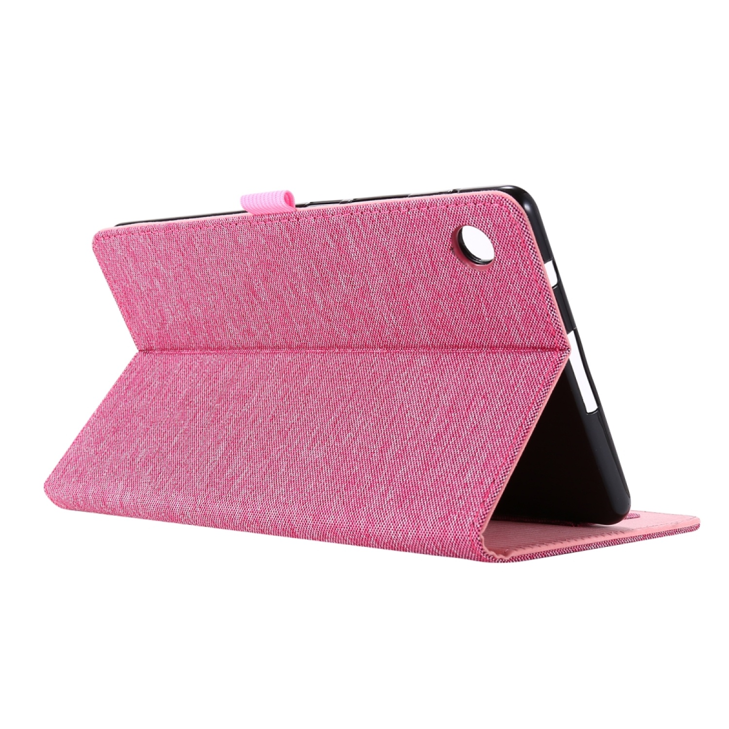Eine rosa Tablethülle ist geöffnet, wobei das Tablet hochgeklappt ist. Der Hintergrund ist weiß.