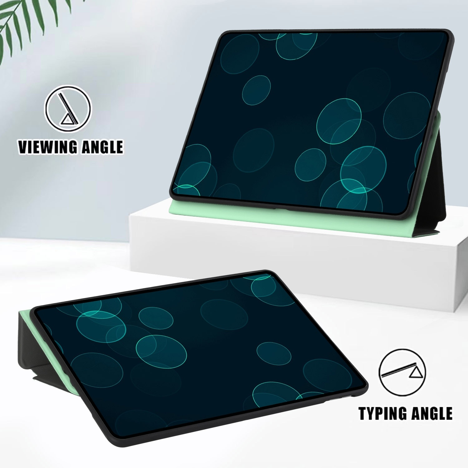 Tablet-Hülle mit Tablet, zeigt Betrachtungs- und Tippwinkel, vor weißem Hintergrund.