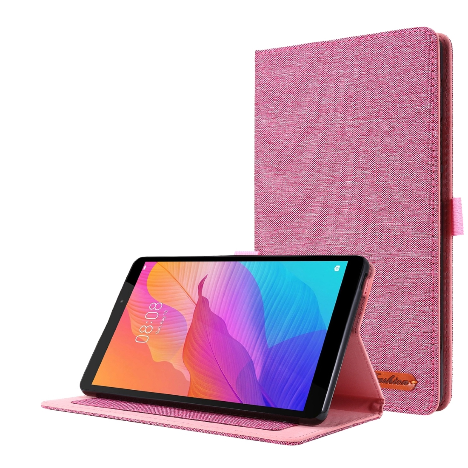 Rosa Tablethülle, Tablet geöffnet. Rosa Hülle und Ständer. Tablet zeigt farbige Grafik und Zeit.