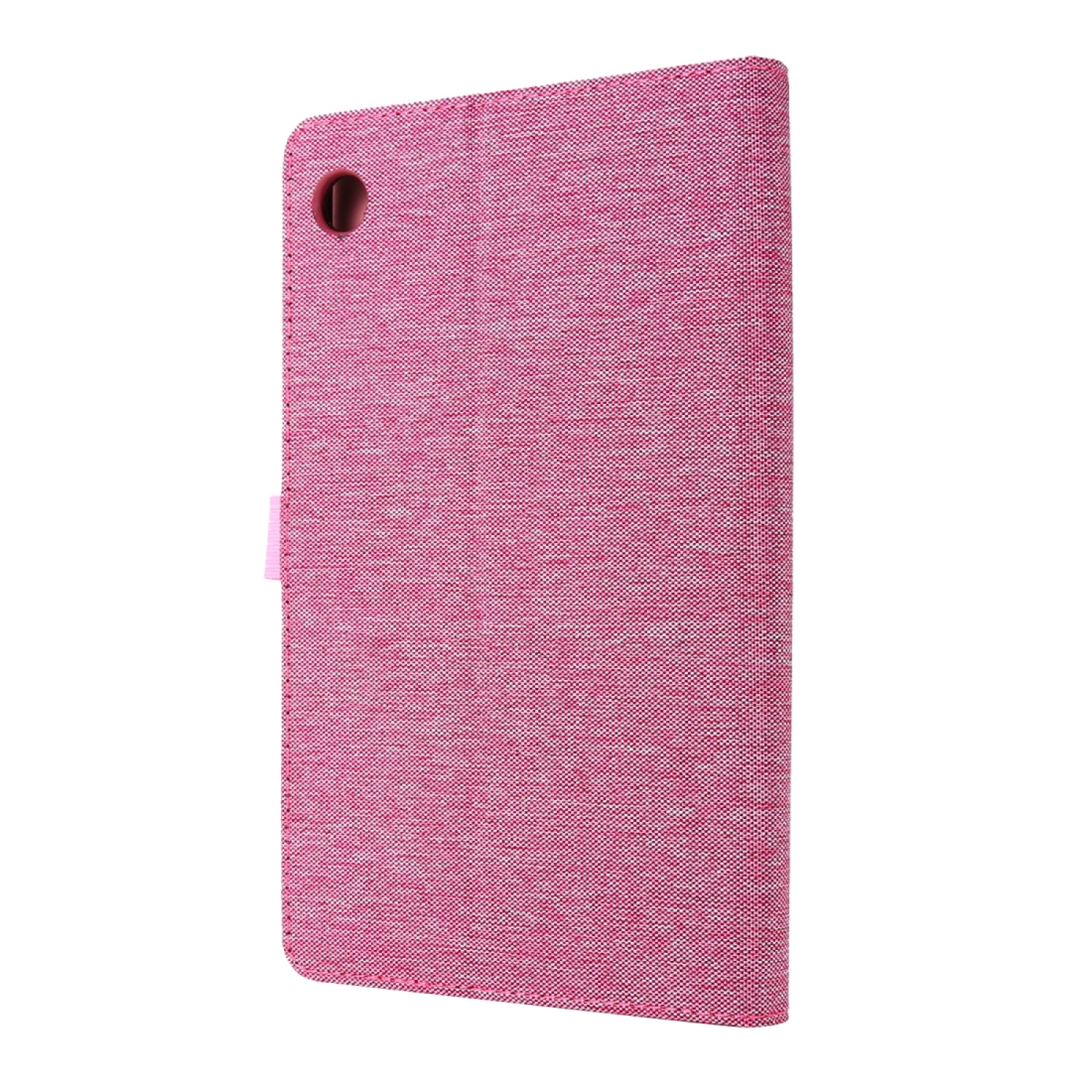 Eine rosa Tablethülle ist geschlossen. Das Material hat ein strukturiertes Muster.