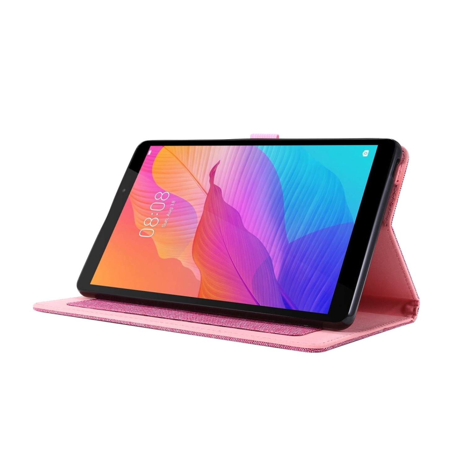 Ein Tablet mit rosa Hülle, geöffnet, um ein farbenfrohes abstraktes Hintergrundbild anzuzeigen.