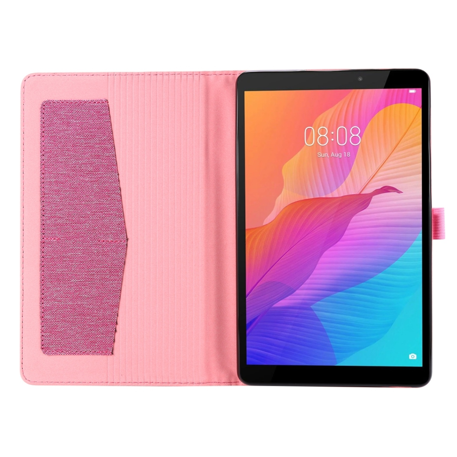 Pinkes Tablet-Case offen, Tablet sichtbar. Uhrzeit und Datum werden auf dem Bildschirm angezeigt.