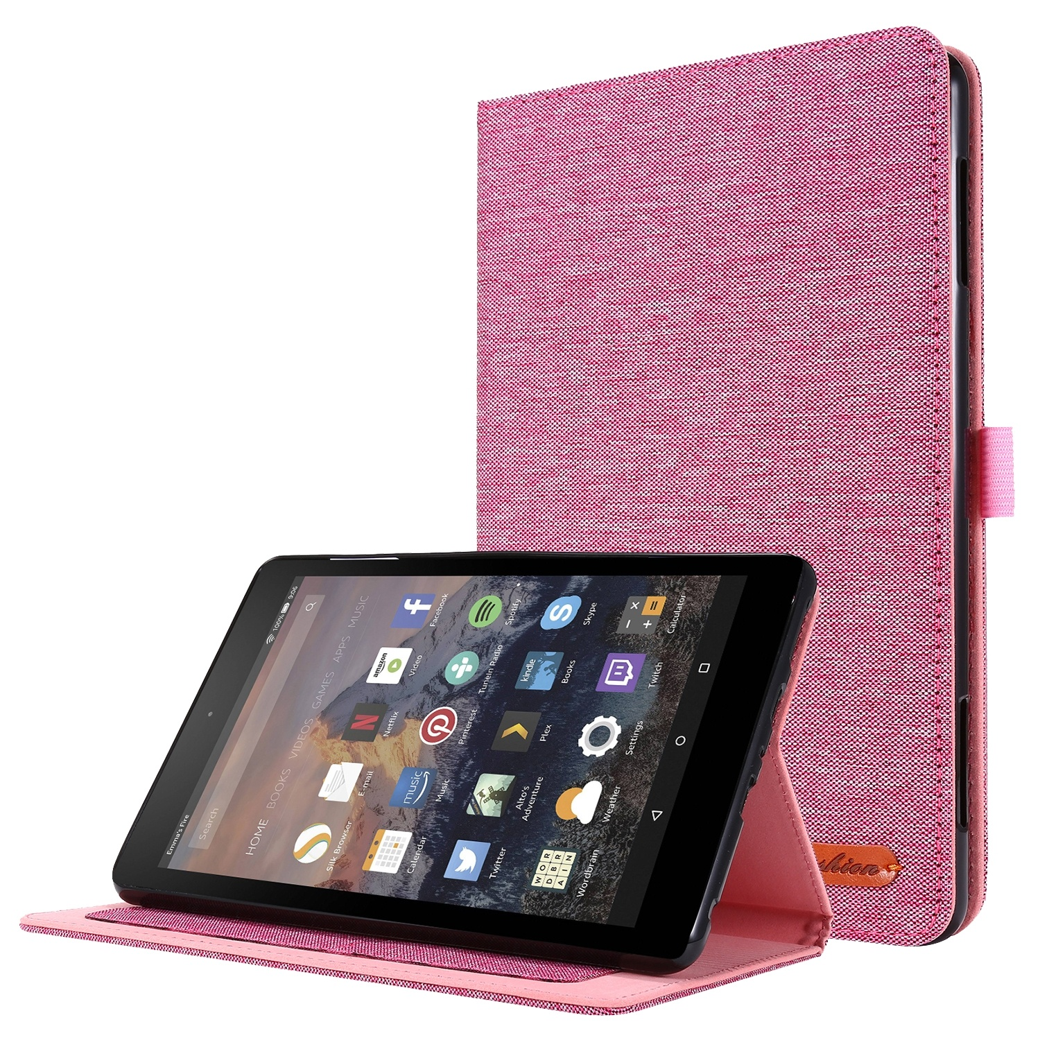 Rosa Tablethülle mit Tablet im Inneren, stehend auf weißem Hintergrund.