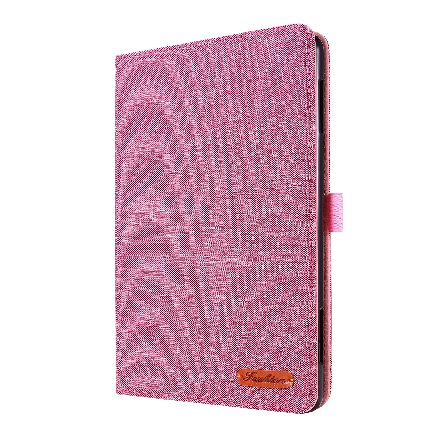 Eine rosa Stoffhülle für ein Telefon oder Tablet. Es hat einen rosa Riemen mit einem kleinen Etikett.