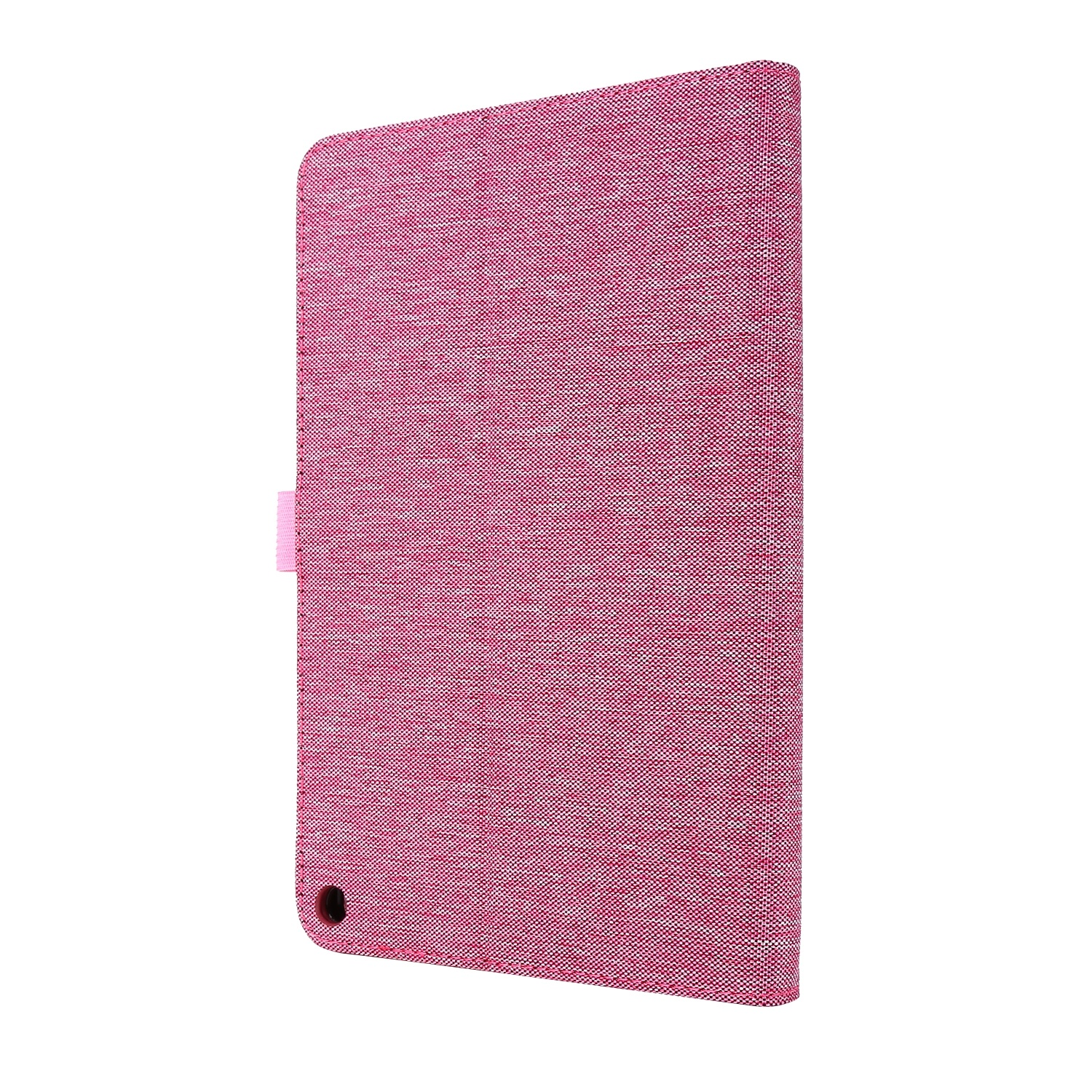 Geschlossene rosa Tablethülle mit strukturierter Oberfläche und Seitenriemen.