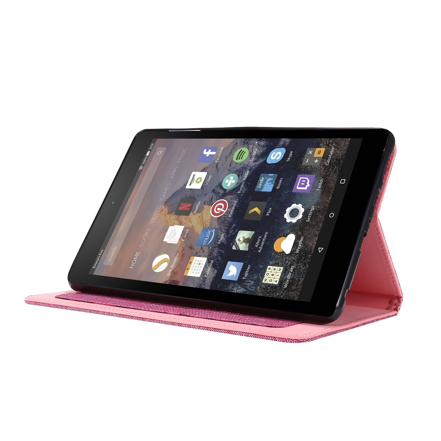 Ein Tablet in einer rosa Hülle, schräg aufgestellt. Der Bildschirm ist schwarz und zeigt App-Symbole.