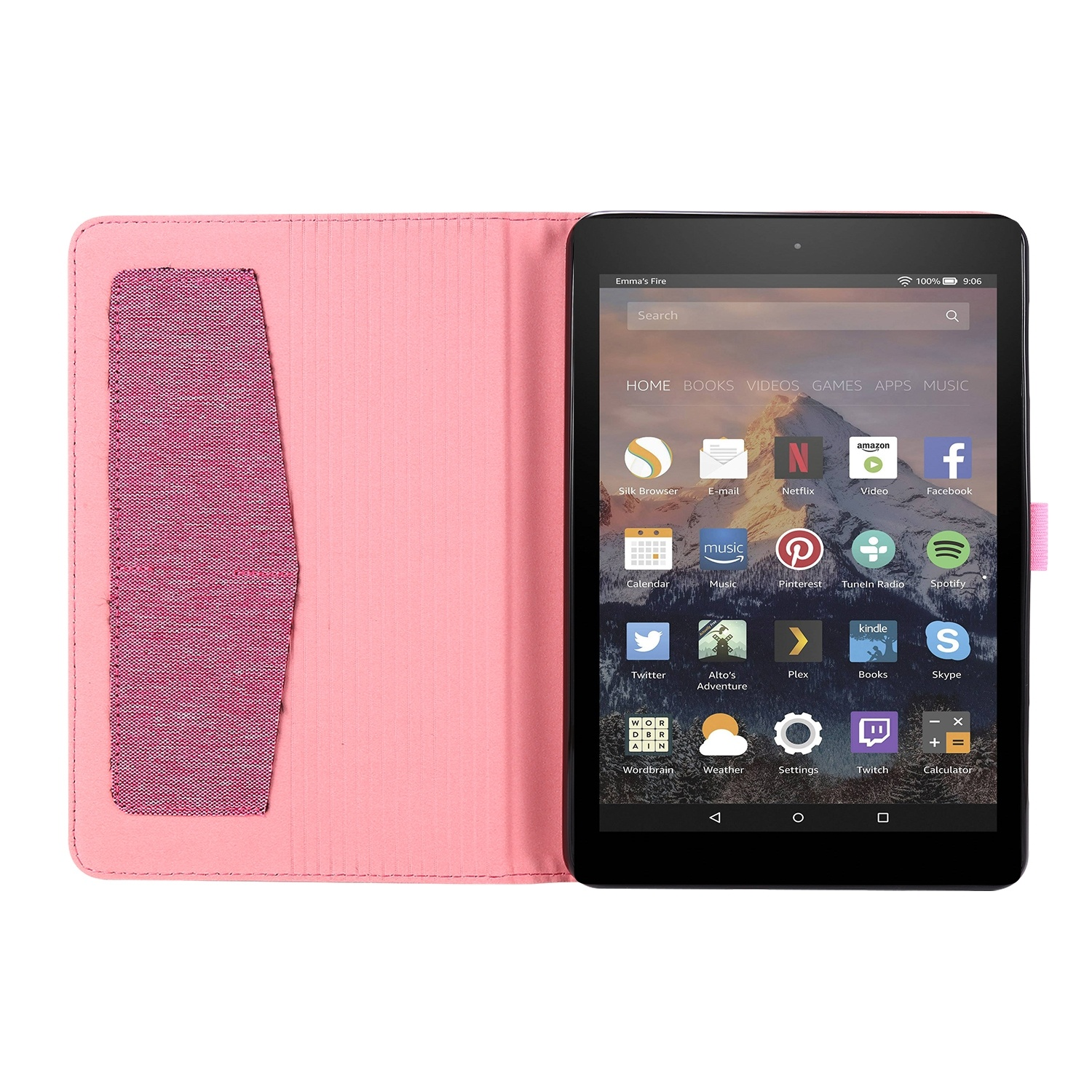 Eine pinke Tablet-Hülle mit offenem Tablet, das den Startbildschirm mit verschiedenen Apps anzeigt.