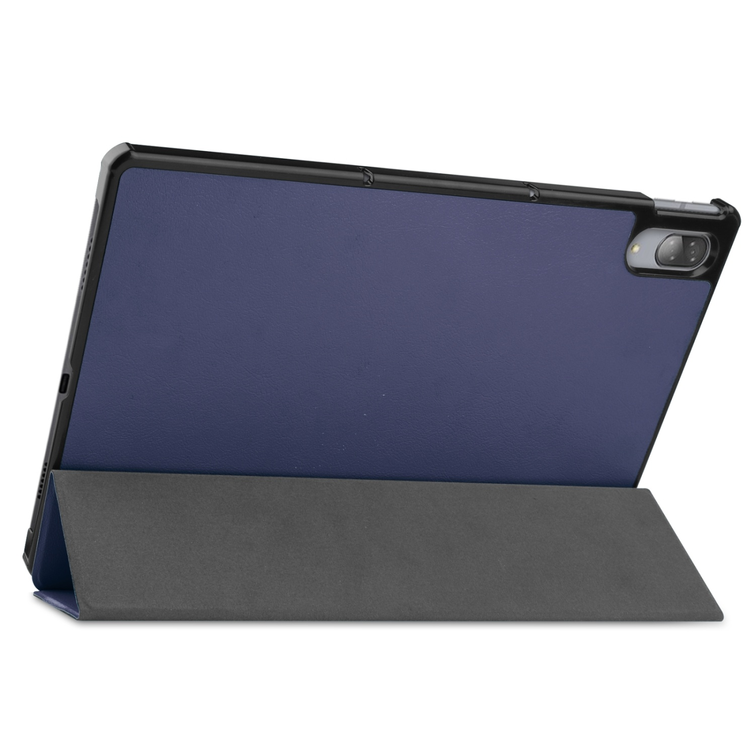 Blaues Tablet in dunkler Hülle, durch die Abdeckung des Gehäuses aufgestellt. Weißer Hintergrund.