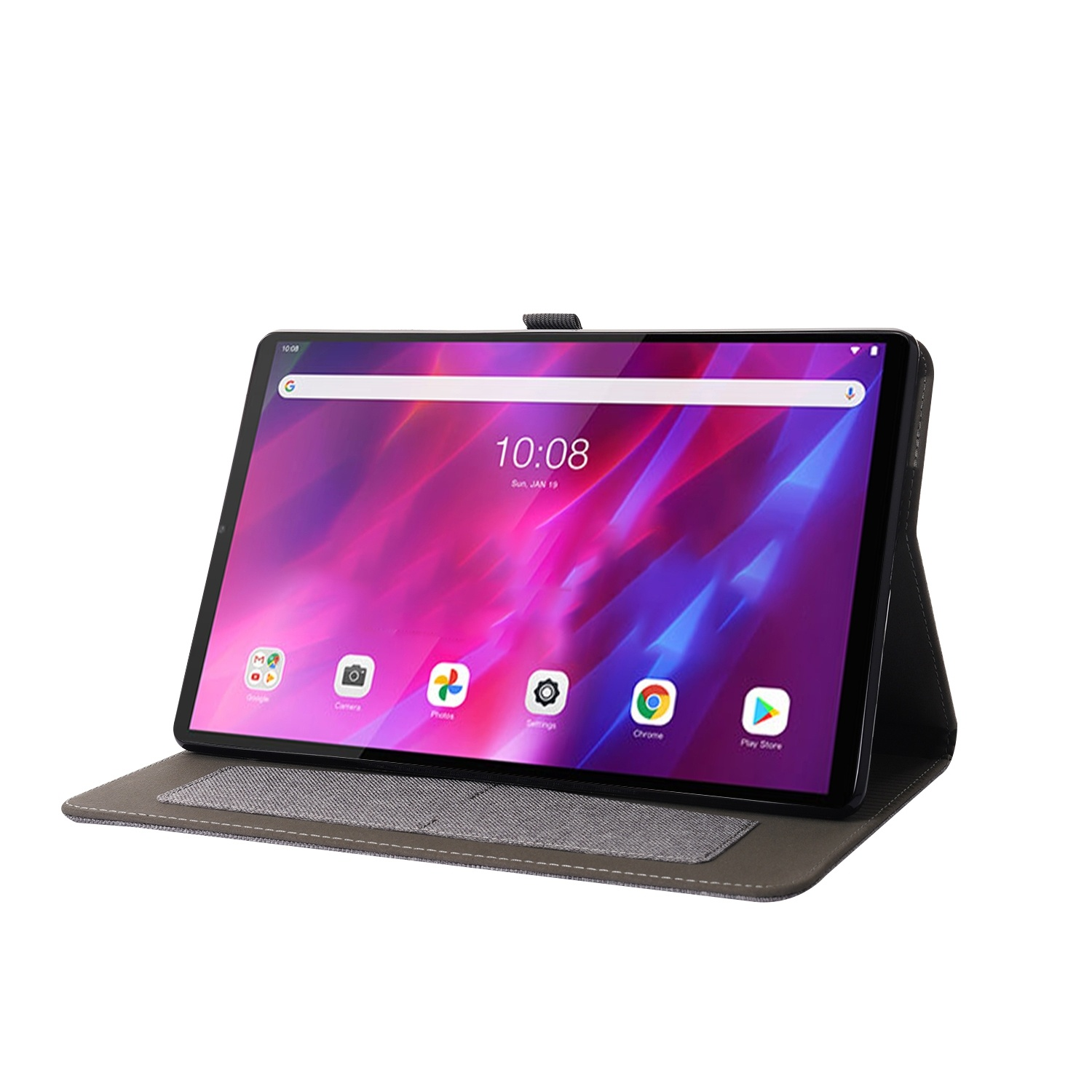 Tablet in schwarzem Etui, zeigt Zeit, Symbole. Etui ist auf grauer Oberfläche geöffnet. Weißer Hintergrund.