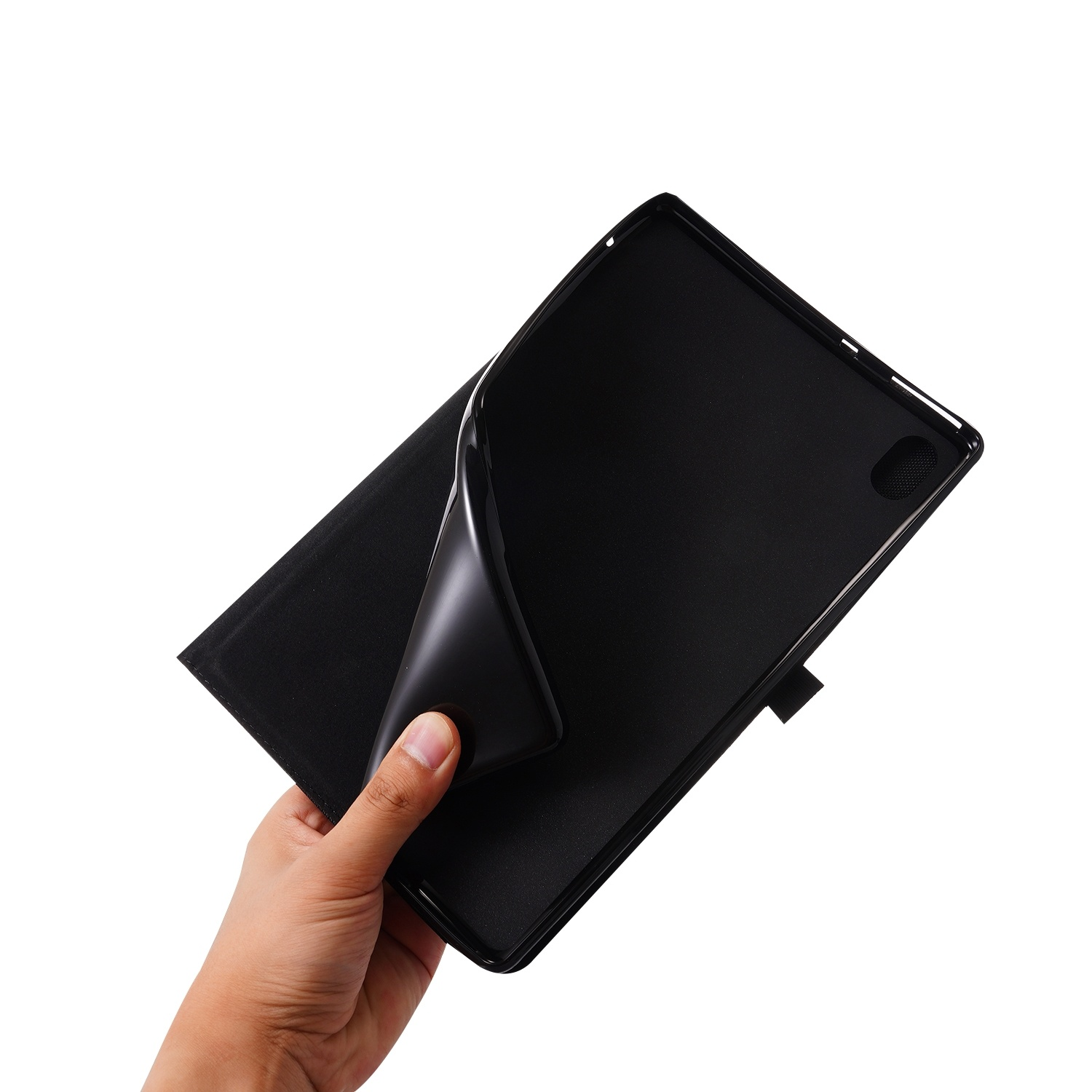 Schwarze Handyhülle, geöffnet, zeigt das schwarze Innere und eine Hand.