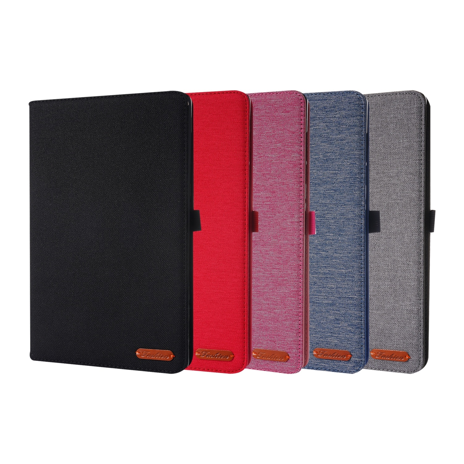 Fünf Tablet-Hüllen in Schwarz, Rot, Rosa, Blau und Grau werden nebeneinander angezeigt.