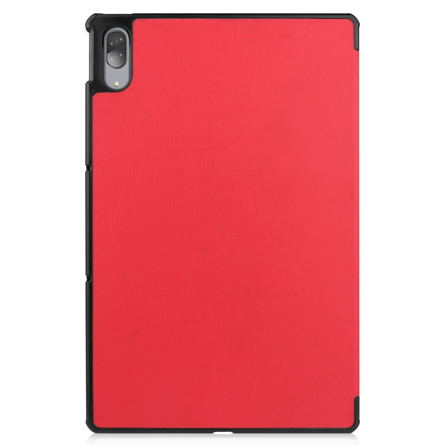 Eine rote Tablethülle mit schwarzem Rand, die die Rückseite eines Tablets zeigt.