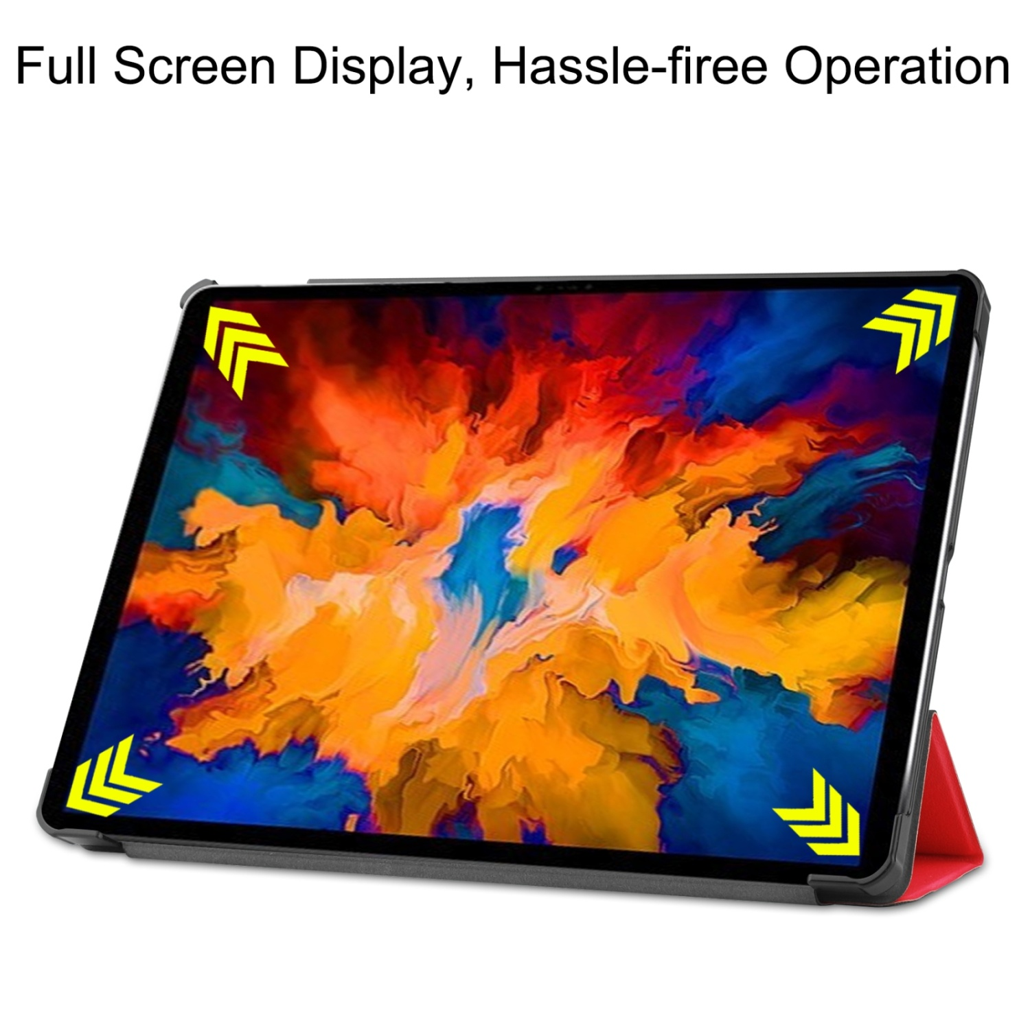 Tablet mit farbenfrohem Bildschirm. Es befindet sich in einem schwarz-roten Gehäuse.