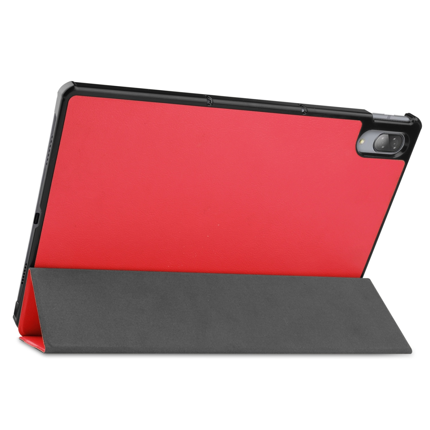 Rote Tablet-Hülle mit schwarzem Rahmen, offen, um ein Tablet anzuzeigen. Grauer Ständer. Weißer Hintergrund.