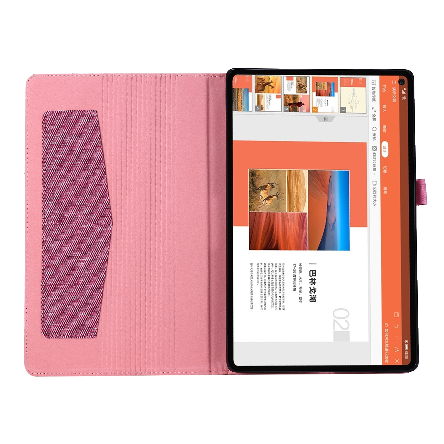 Eine rosa Tablet-Hülle, geöffnet mit einem Tablet, das eine Präsentation anzeigt. Auf der linken Seite befindet sich eine Tasche.