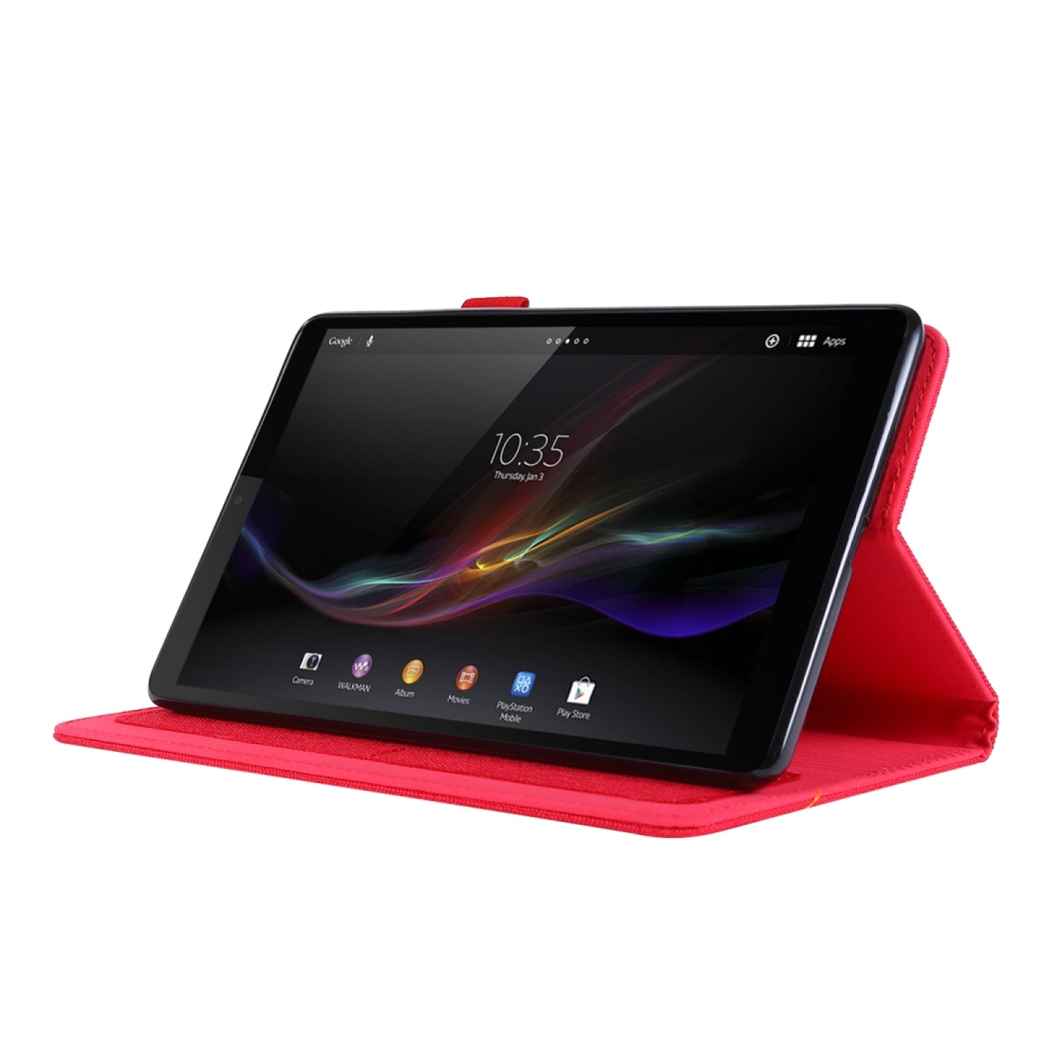 Tablet auf roter Hülle, Bildschirm wird angezeigt, aufgestellt, Kamera und Apps sichtbar.