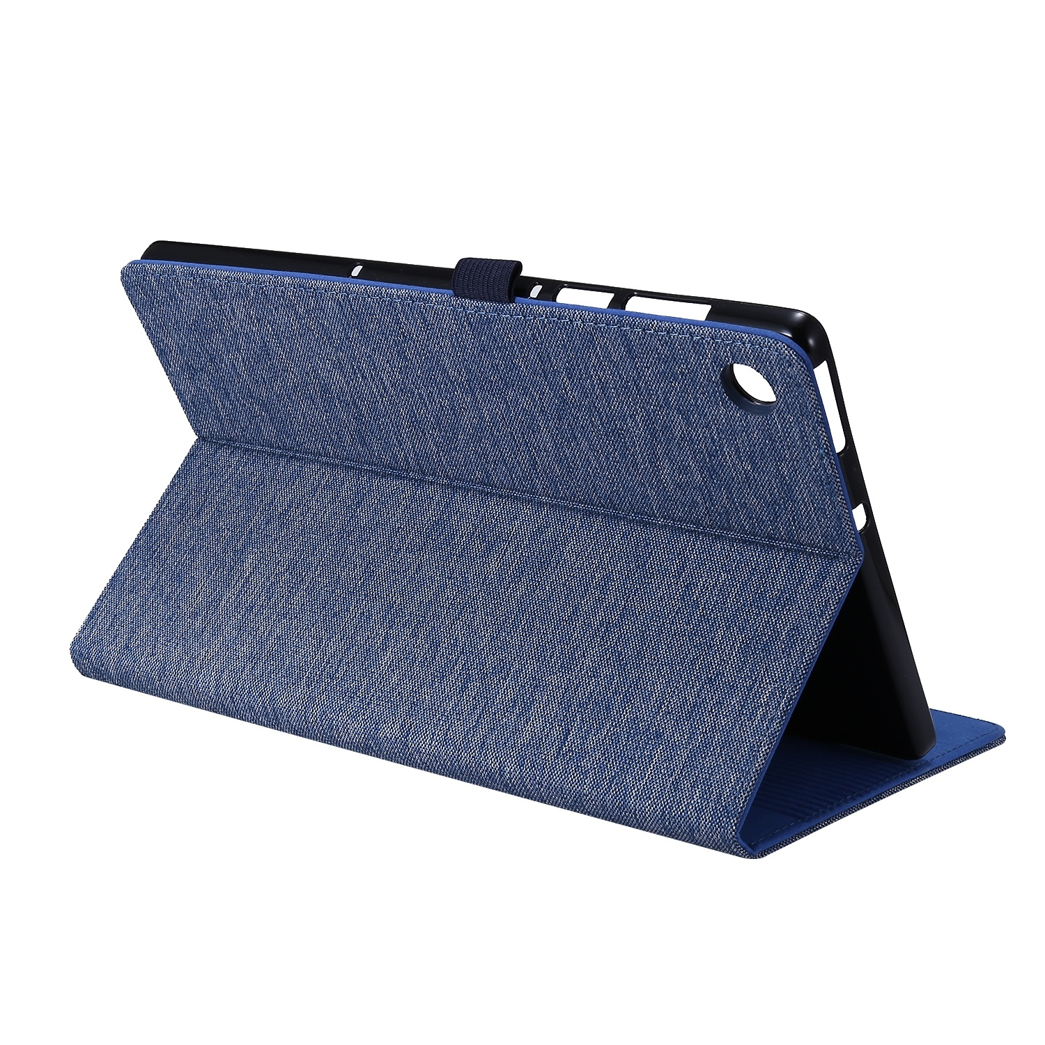 Ein Tablet in einer blauen Jeans-Hülle ist geöffnet und zeigt die Rückseite des Geräts und das Innere der Hülle.