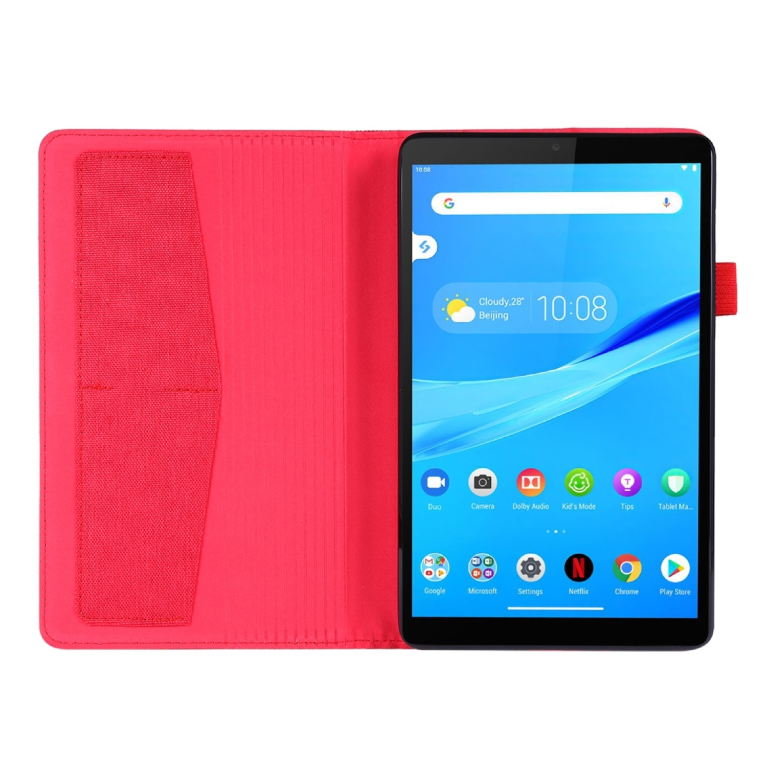 Eine rote Tablethülle, geöffnet, um ein Tablet mit App-Oberfläche zu zeigen.