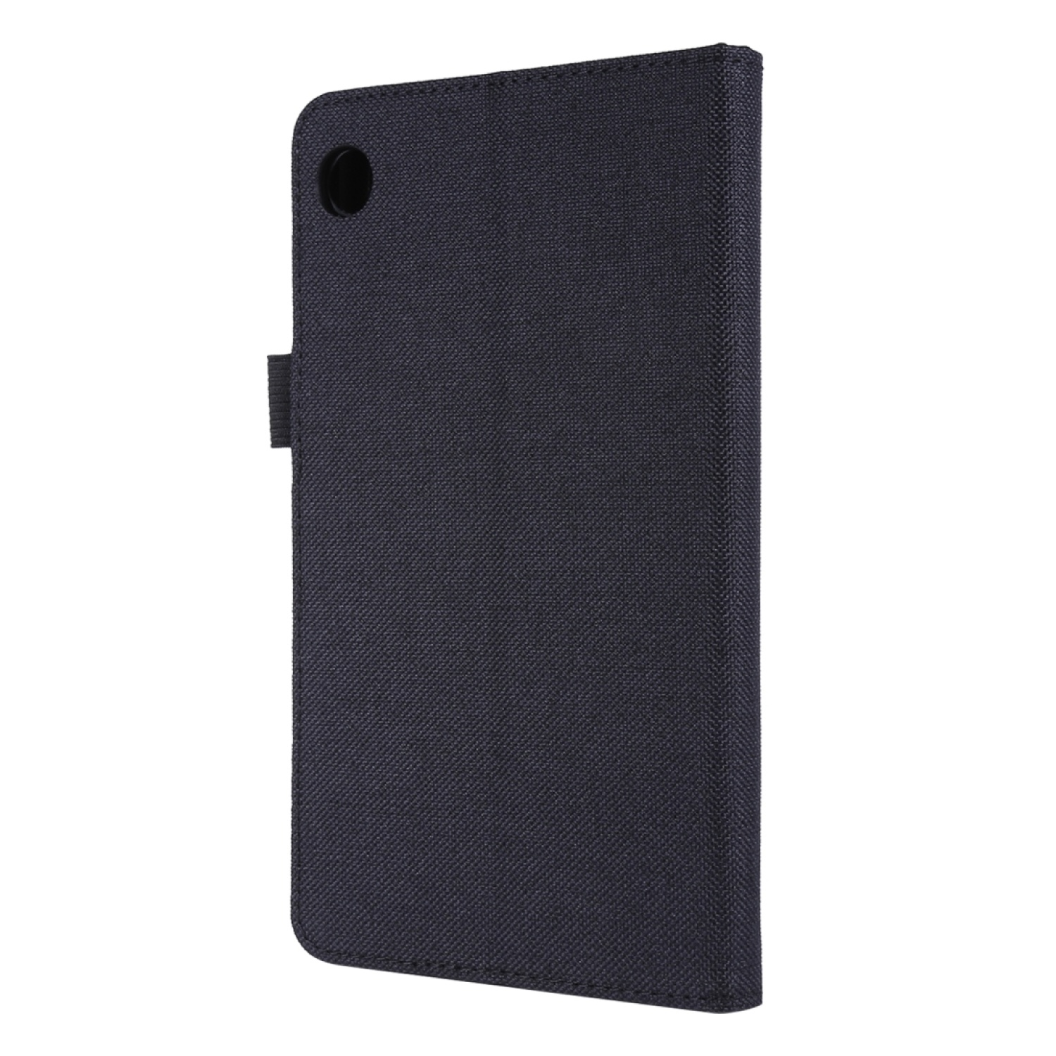 Geschlossene, dunkelgraue Tablet-Hülle mit schwarzem Riemen. Die Hülle hat ein Kameraloch.