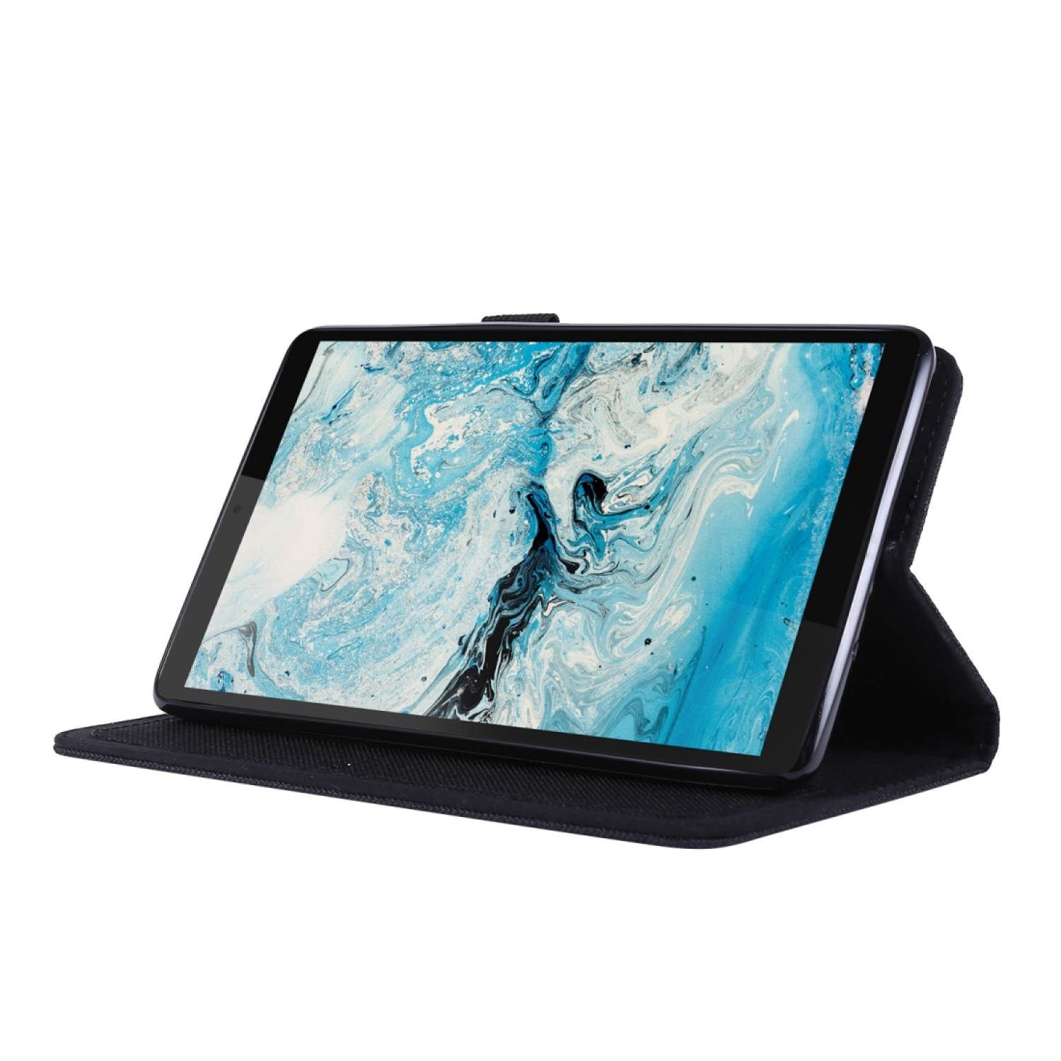 Schwarzes Tablet in einer schwarzen Hülle, schräg angestellt. Der Bildschirm zeigt ein blaues Bild.