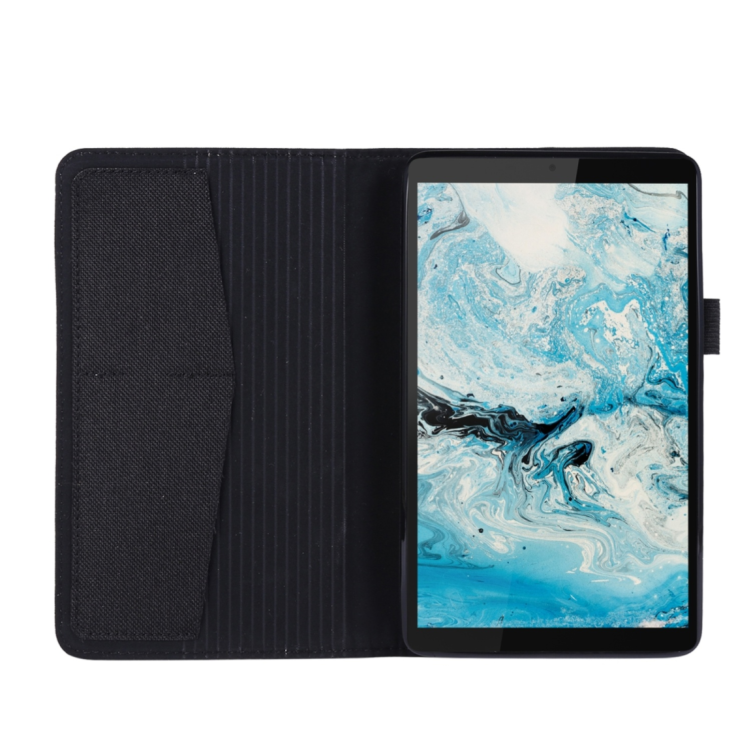 Ein schwarzes Tablet in einer offenen schwarzen Hülle, mit schwarzem Innenraum und Klappe.