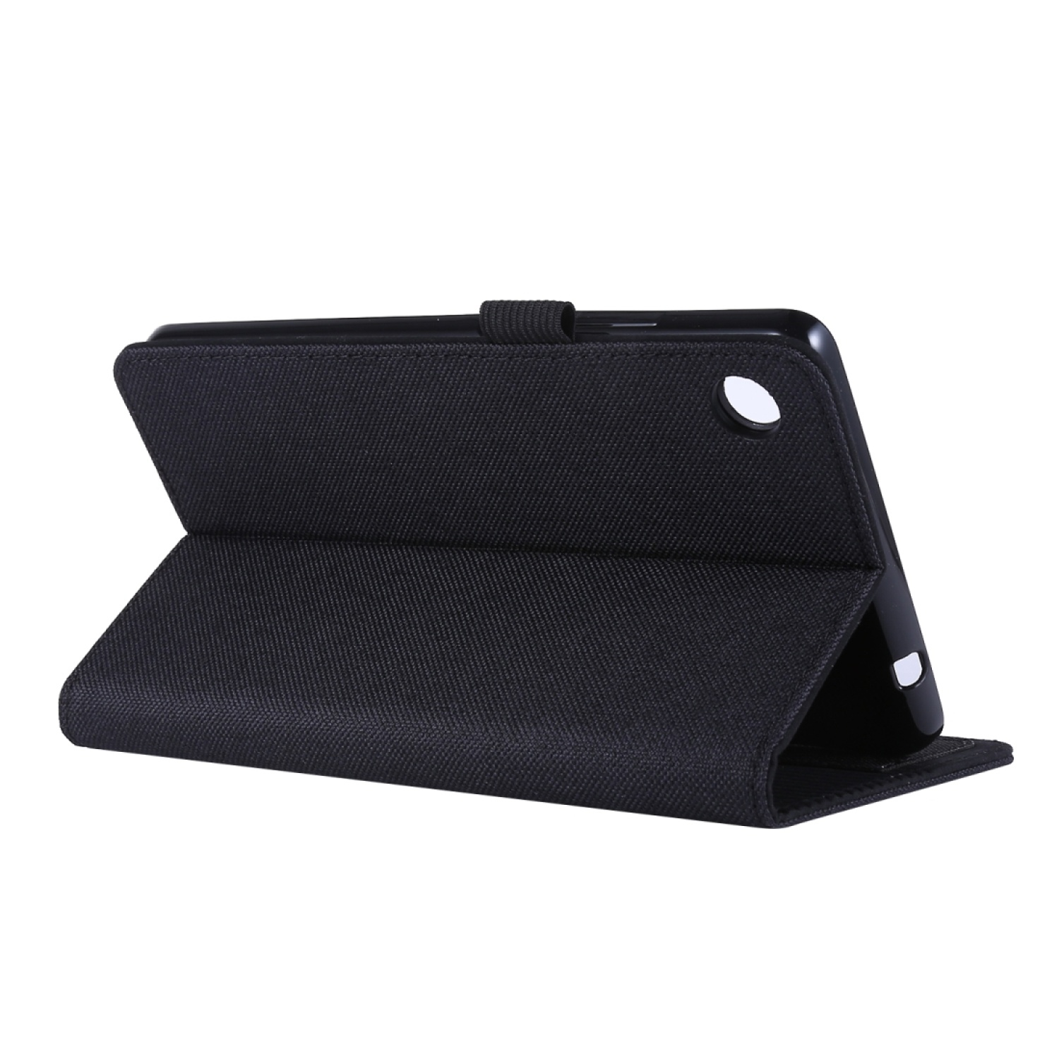 Ein schwarzes Tablet in einer schwarzen Hülle. Es ist schräg aufgestellt. Die Hülle ist offen.