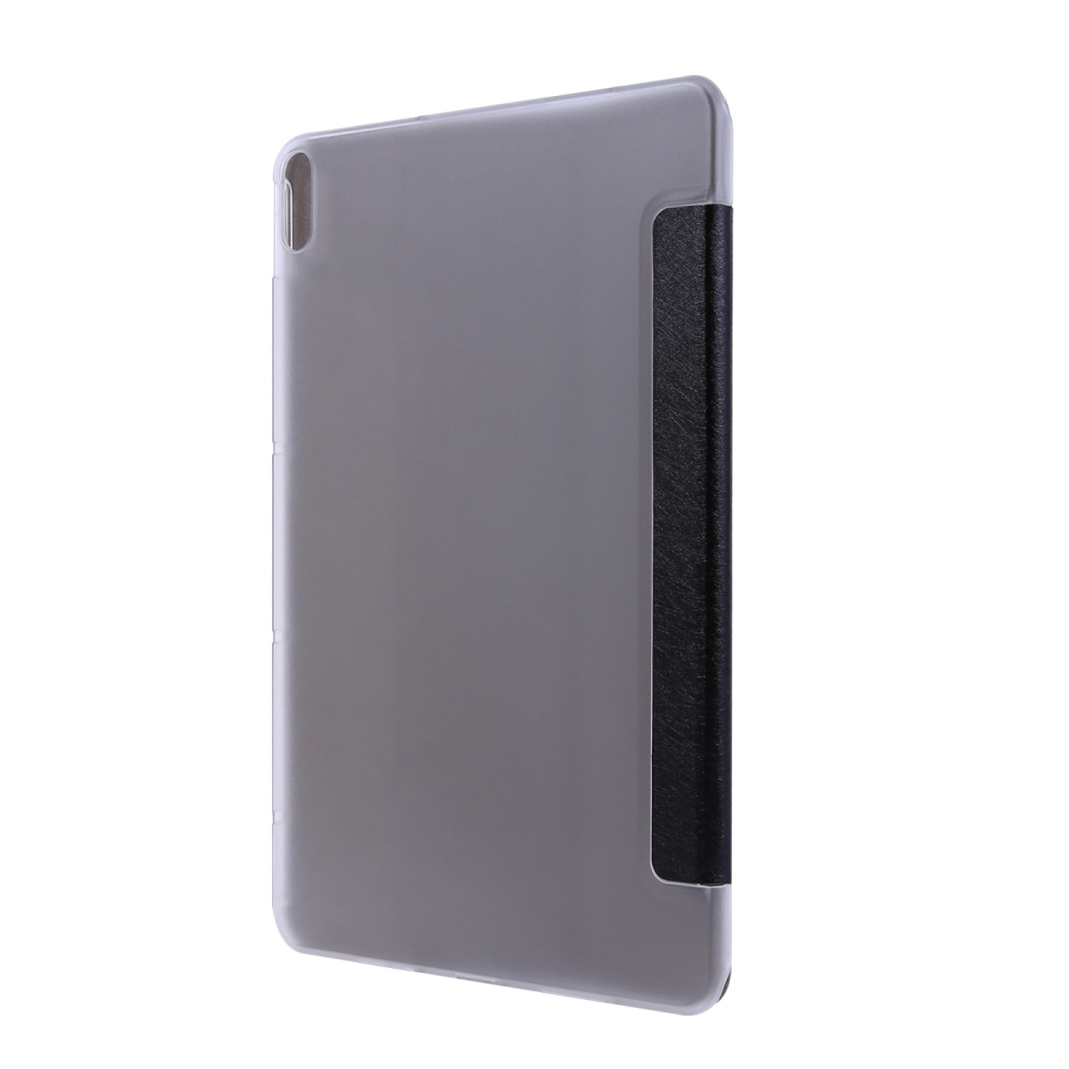 Graue Tablet-Hülle mit schwarzem Rücken, steht aufrecht auf weißem Hintergrund.