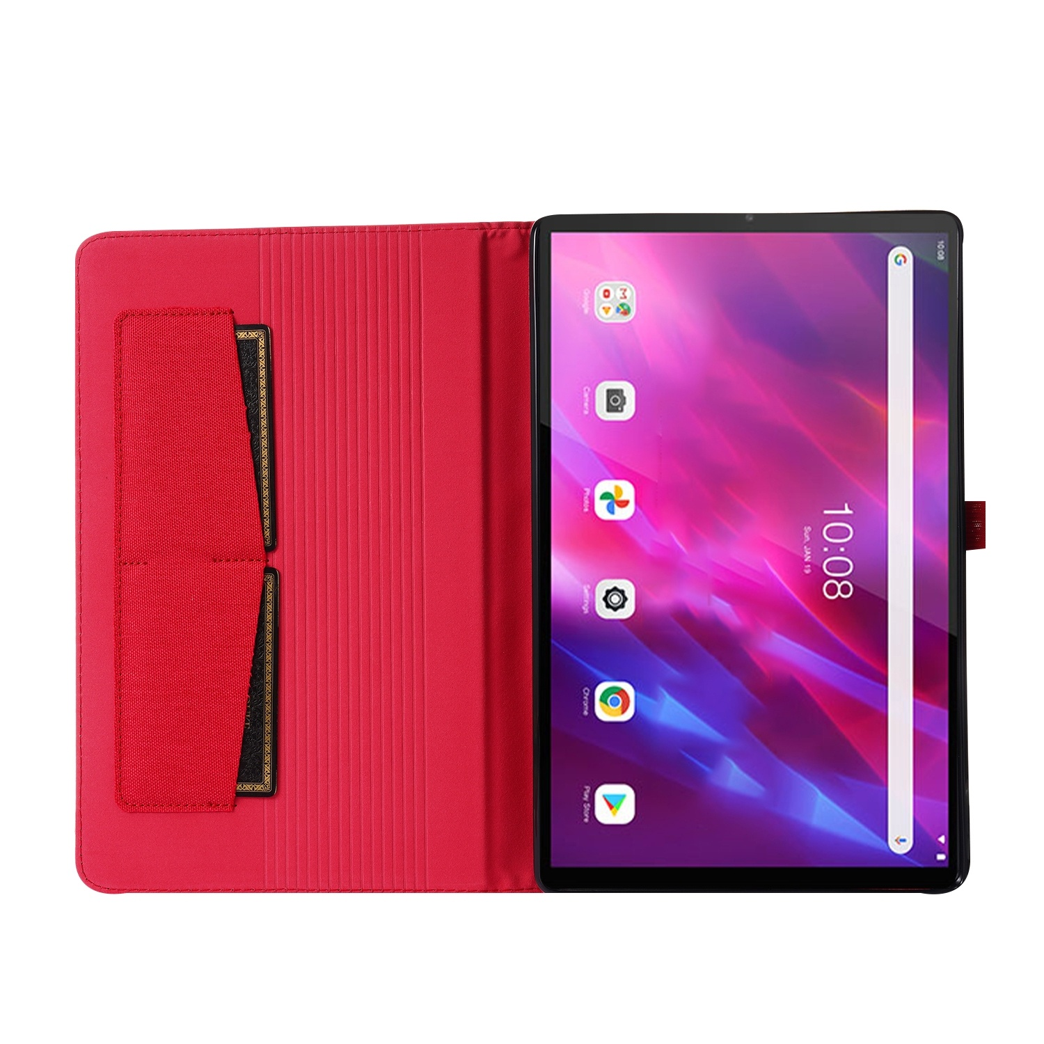 Ein Tablet mit geöffneter roter Hülle, das einen Startbildschirm mit Symbolen anzeigt.