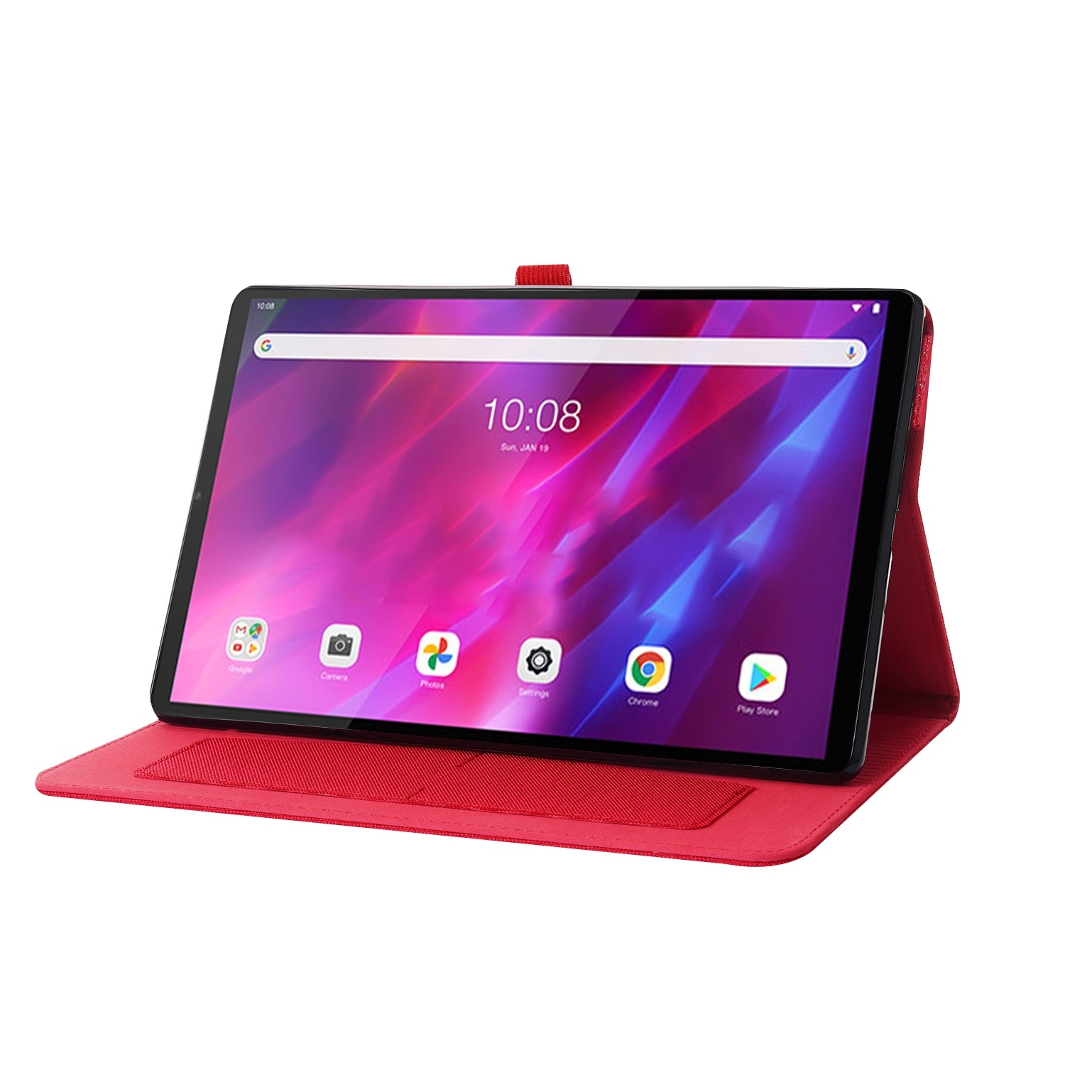 Ein Tablet in einer roten Hülle, das einen farbenfrohen Grafikbildschirm zeigt, in einem Studio.