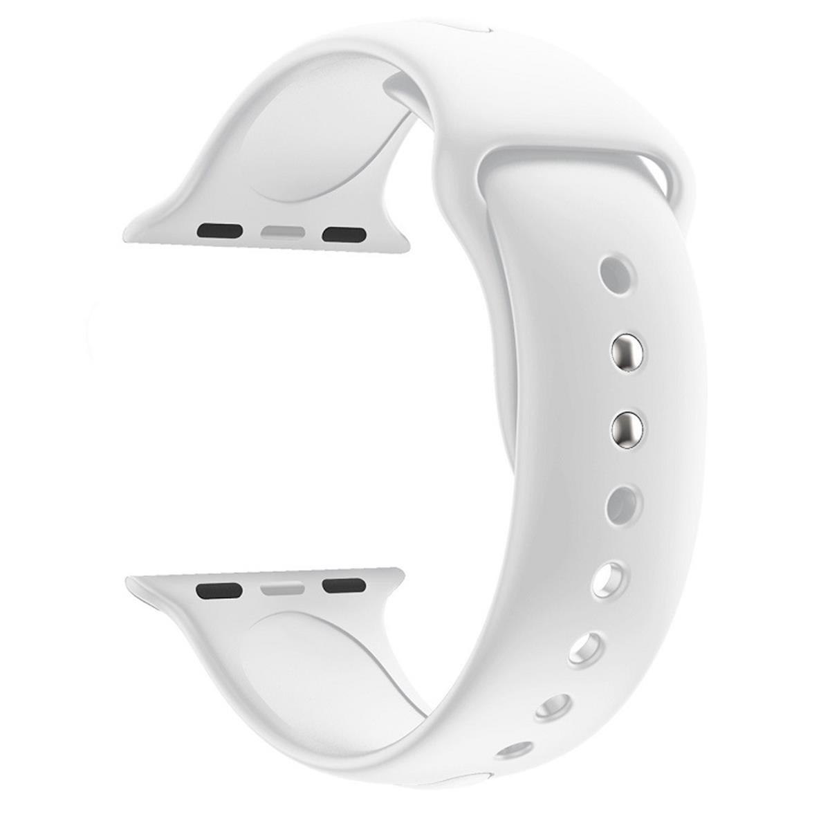 Weißes Apple Watch-Armband. Geschwungenes Design mit Löchern und Nieten zur Anpassung.