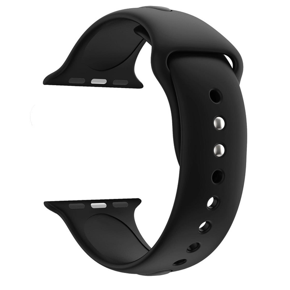 Schwarzes Uhrenarmband. Das Armband hat mehrere Löcher und eine Schnalle.