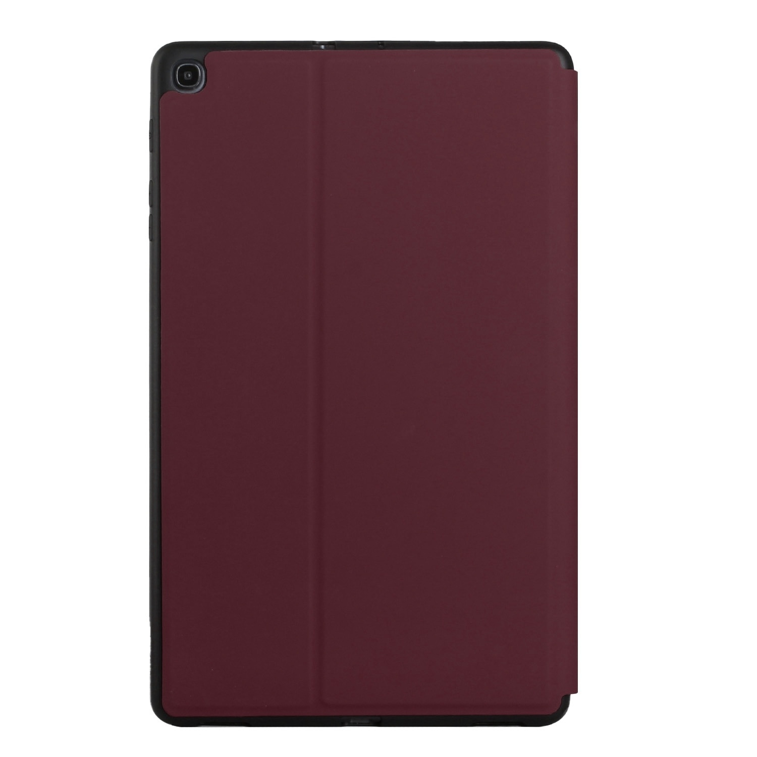 Eine weinrote Tablet-Hülle. Sie ist geschlossen und zeigt die Rückseite mit dem Kamerabereich.