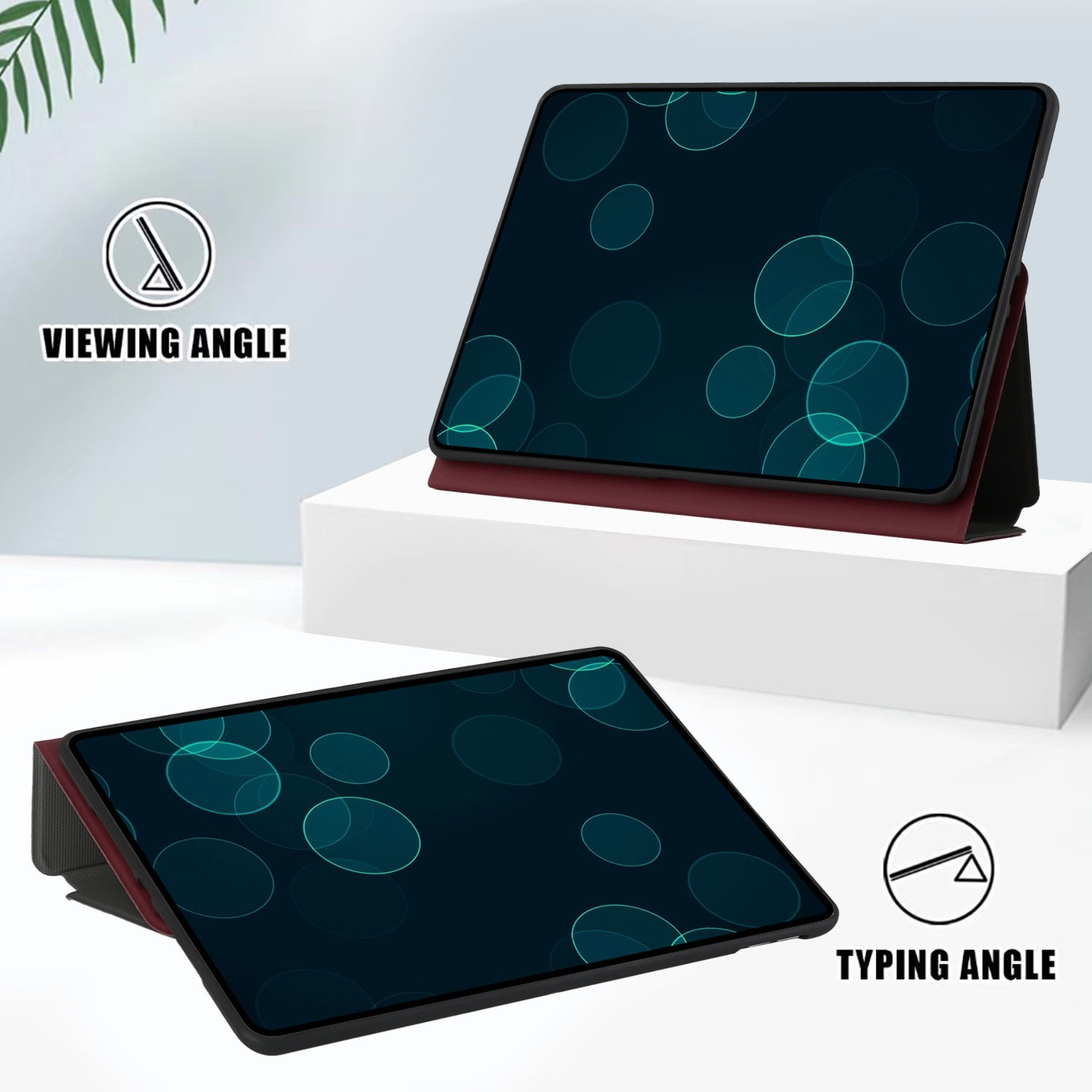 Zwei Tablets in Hüllen, eines zum Betrachten, das andere zum Tippen. Dunkle Bildschirme mit Kreismustern.