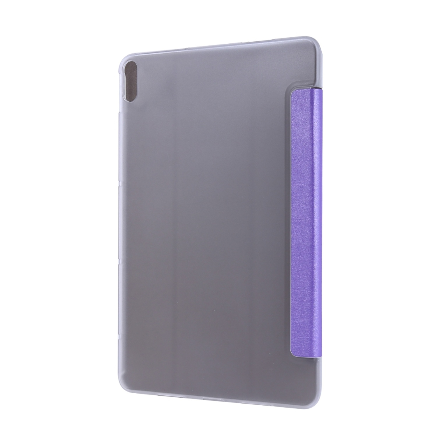 Ein graues Tablet mit lila Abdeckung an der Seite, auf weißem Hintergrund.