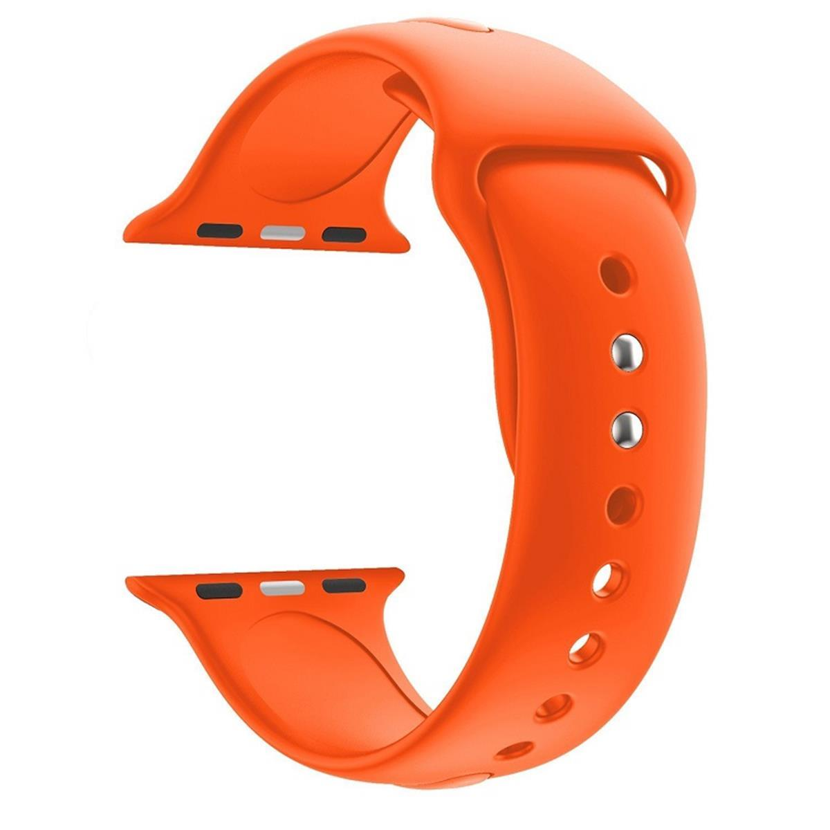 Ein orangefarbenes Uhrenarmband mit mehreren Löchern und zwei Anschlüssen, isoliert.