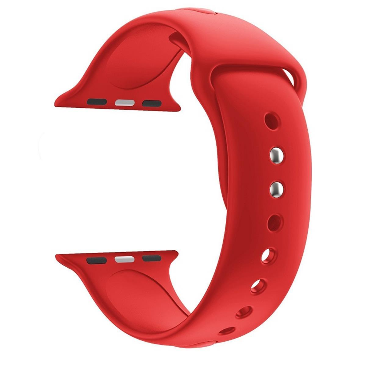 Rotes Apple Watch-Armband. Es ist gebogen und hat Löcher zur Anpassung.