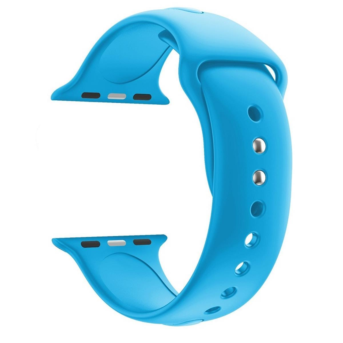 Hellblaues Uhrenarmband, gebogen und bereit zur Befestigung an einer Smartwatch.