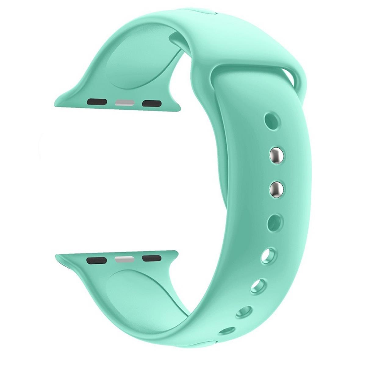 Mintgrünes Uhrenarmband mit silbernen Akzenten und Löchern zur Anpassung.