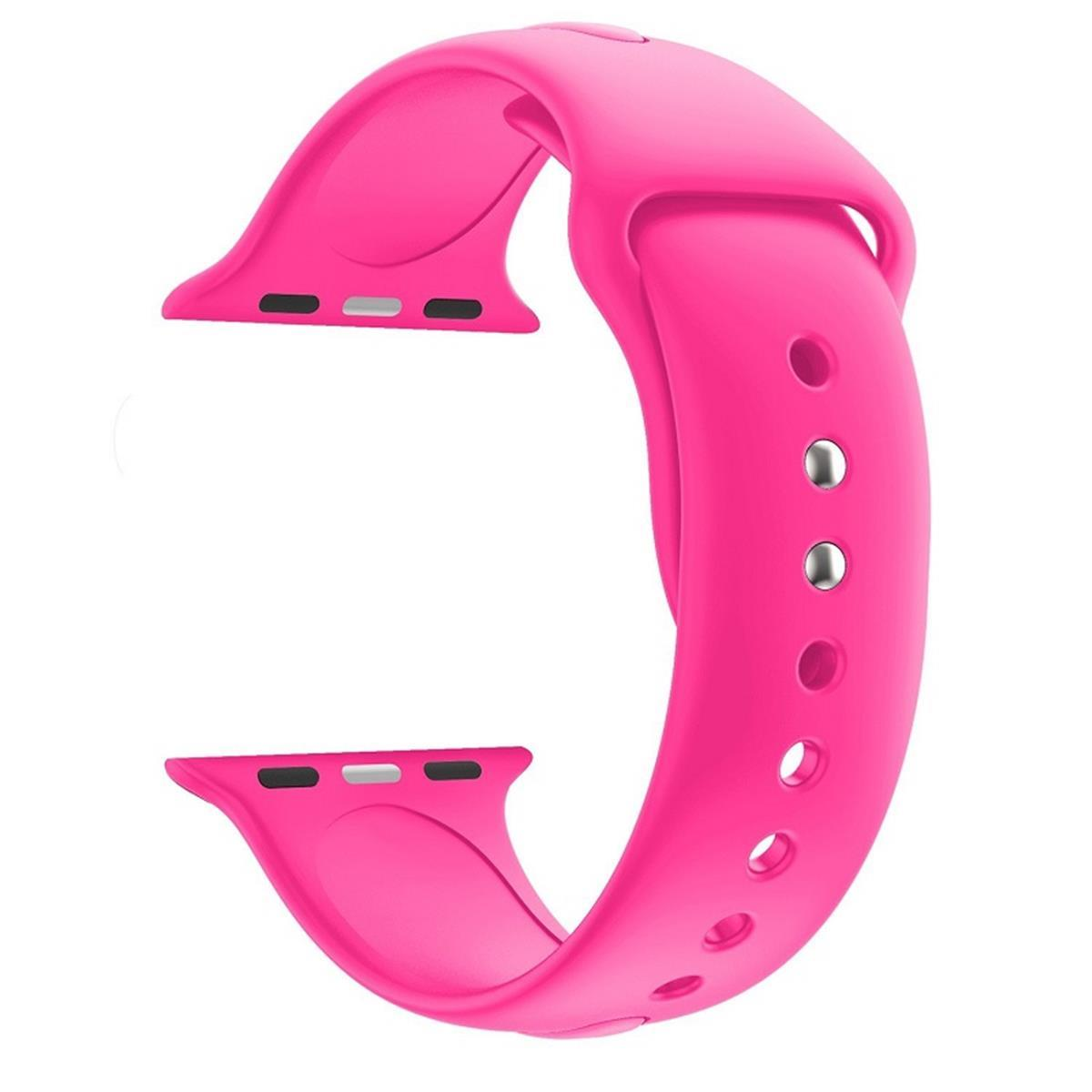 Rosa Smartwatch-Armband. Gebogene Form, mit Löchern und Befestigungspunkten. Weißer Hintergrund.