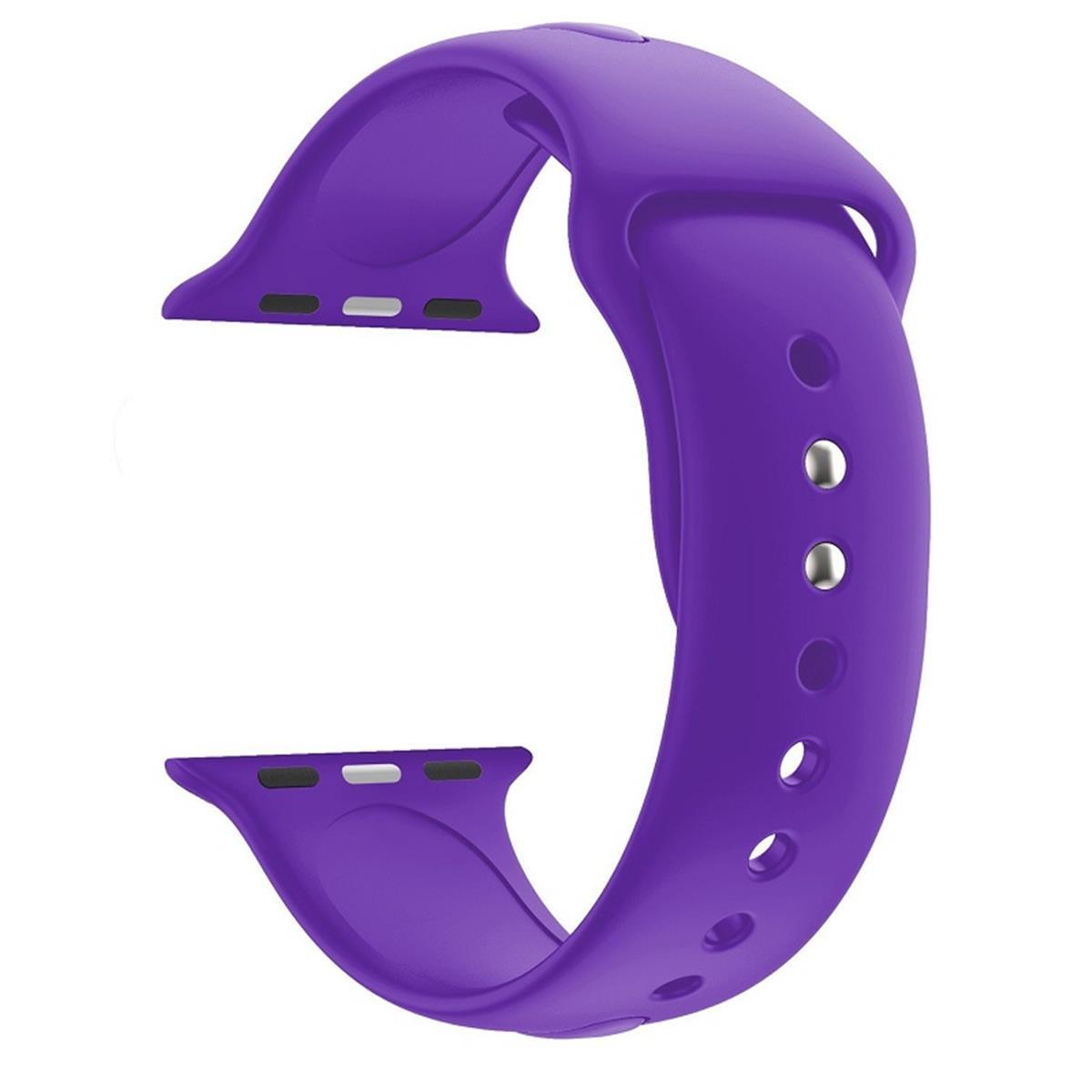 Lila Uhrenarmband mit Löchern und Anschlüssen, auf Weiß.
